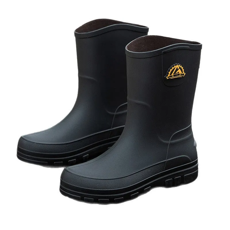 Men's outdoor non-slip PVC rain boots with flat heel, black drawstring style, sizes 39-47