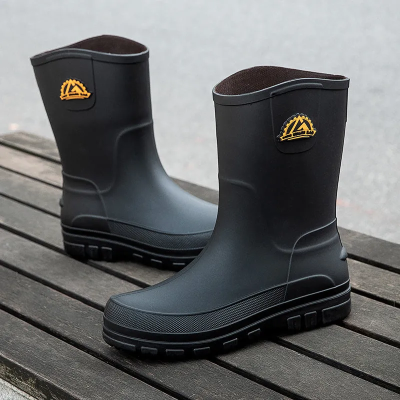 Men's outdoor non-slip PVC rain boots with flat heel, black drawstring style, sizes 39-47