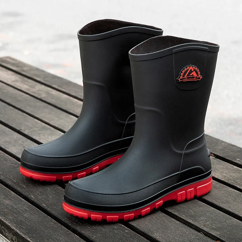 Men's outdoor non-slip PVC rain boots with flat heel, black drawstring style, sizes 39-47