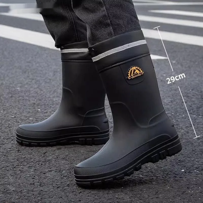 Men's outdoor non-slip PVC rain boots with flat heel, black drawstring style, sizes 39-47