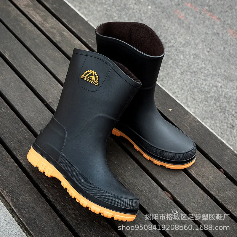 Men's outdoor non-slip PVC rain boots with flat heel, black drawstring style, sizes 39-47