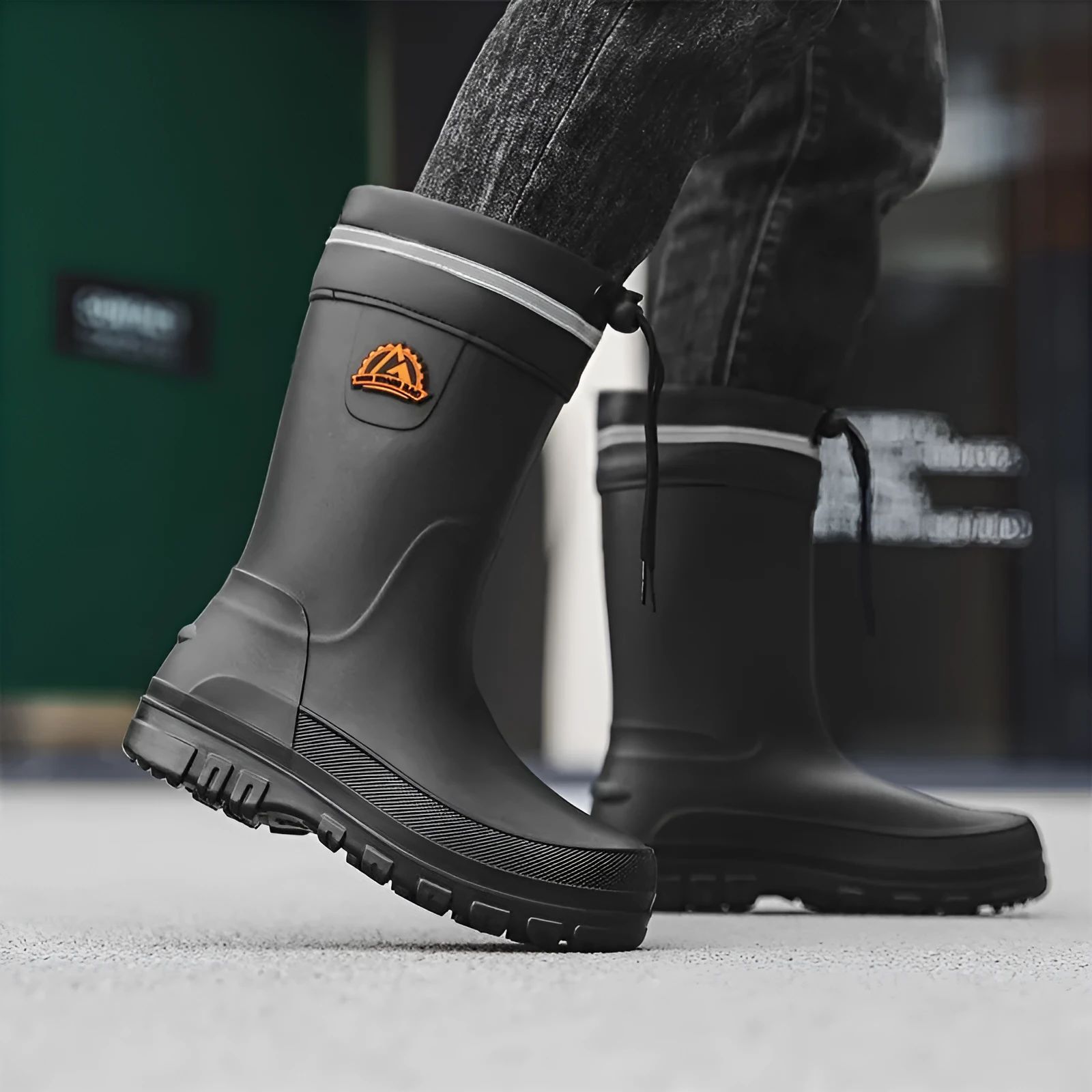 Men's outdoor non-slip PVC rain boots with flat heel, black drawstring style, sizes 39-47
