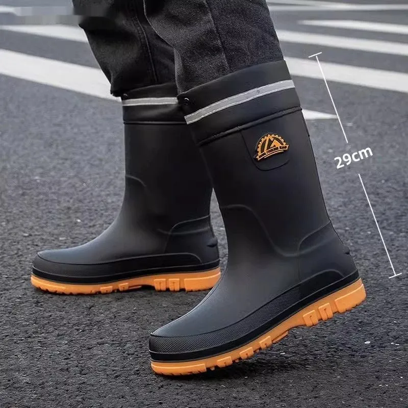 Men's outdoor non-slip PVC rain boots with flat heel, black drawstring style, sizes 39-47