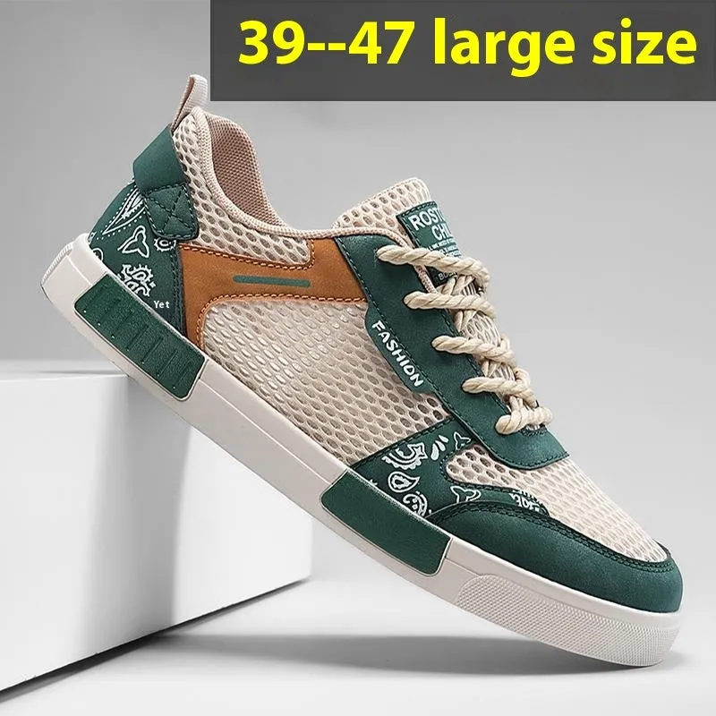 Men's mesh surface breathable shoes in black with round toe and flat heel