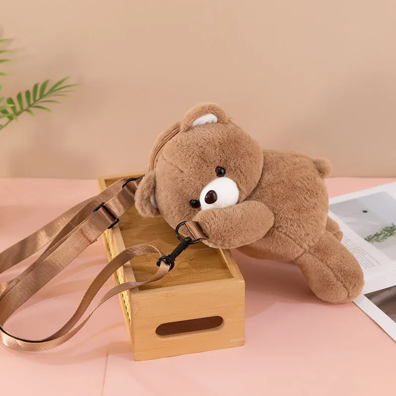 Cartoon bear lying plush doll crossbody bag in beige with airpillow strap