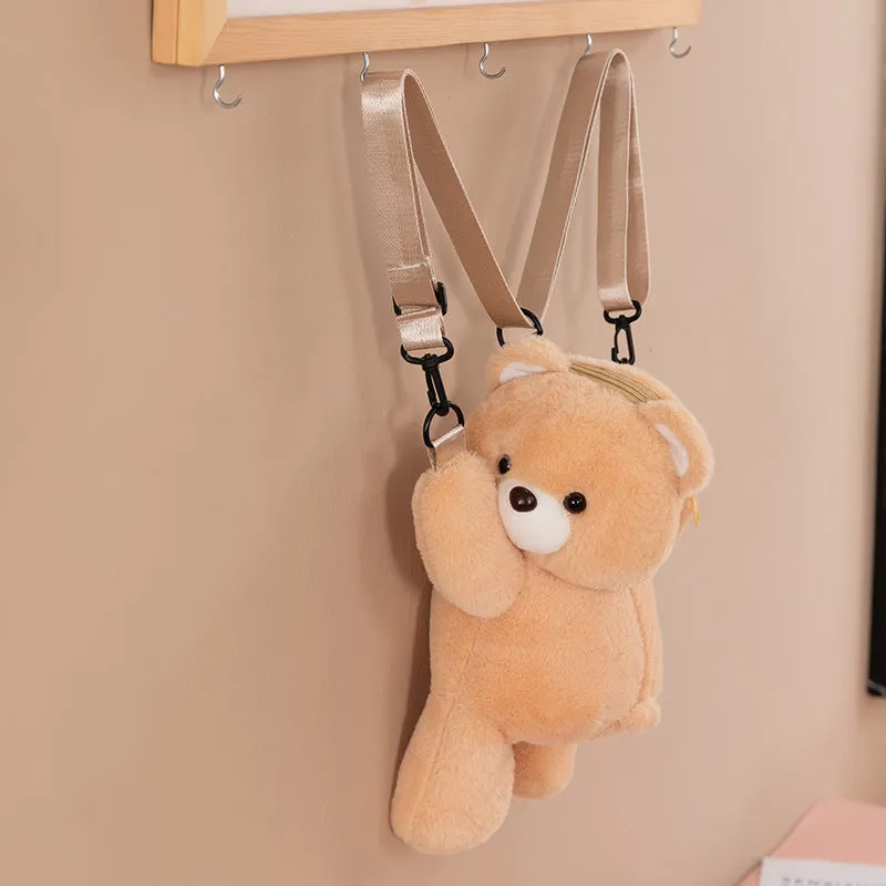 Cartoon bear lying plush doll crossbody bag in beige with airpillow strap
