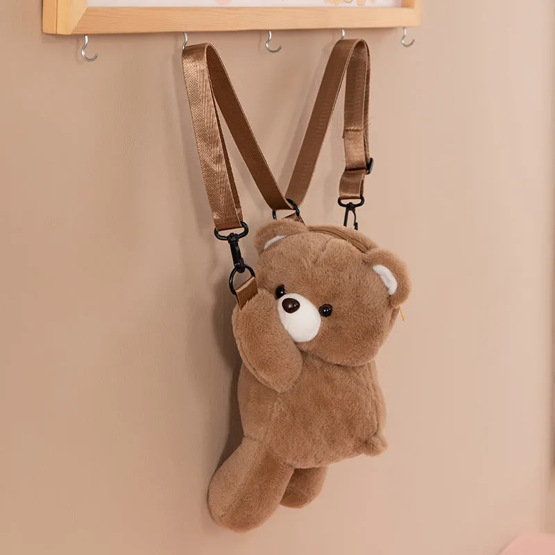 Cartoon bear lying plush doll crossbody bag in beige with airpillow strap