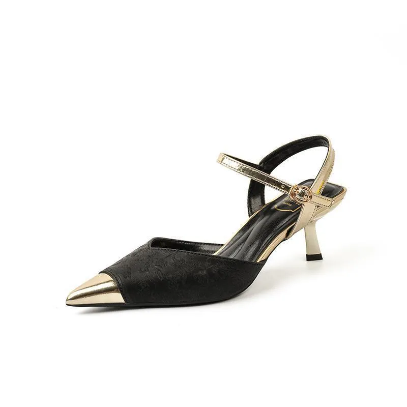Women's genuine leather high-heeled sandals with pointed toe and 6cm heel in four colours.