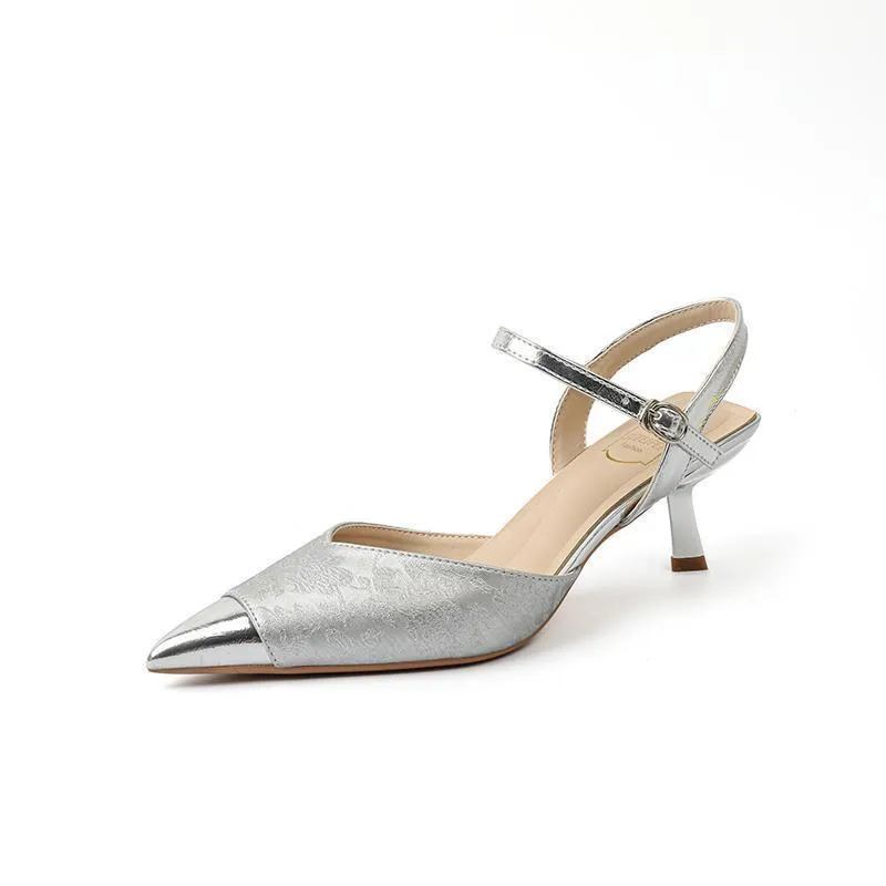 Women's genuine leather high-heeled sandals with pointed toe and 6cm heel in four colours.