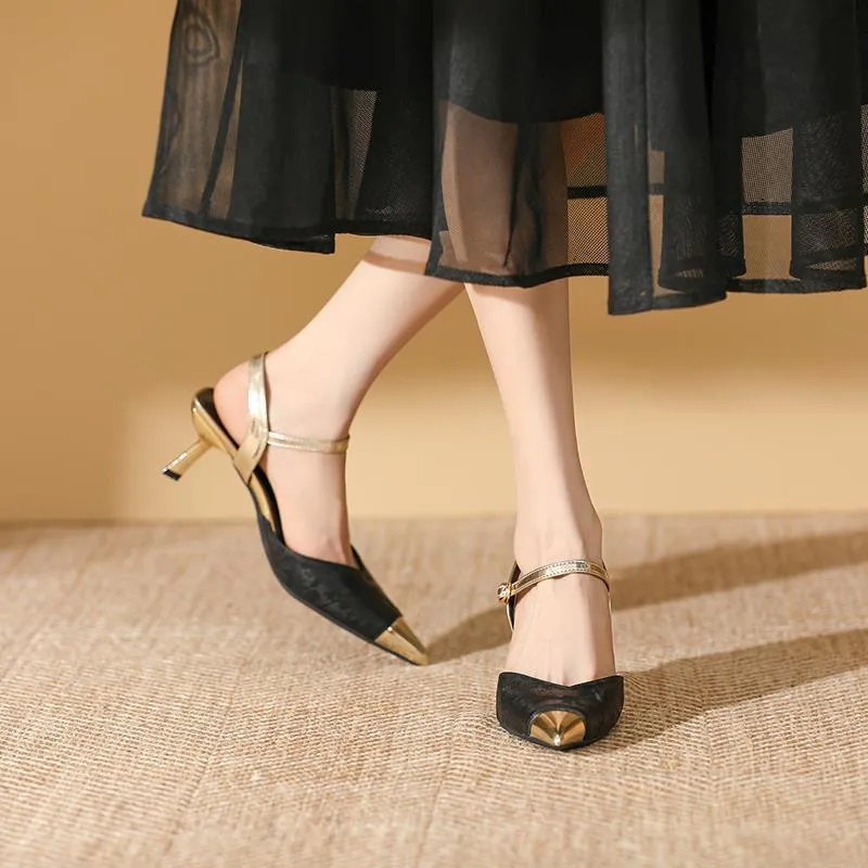 Women's genuine leather high-heeled sandals with pointed toe and 6cm heel in four colours.