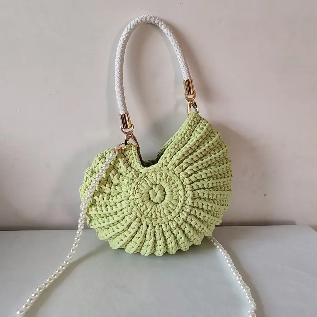 Round handmade woven crossbody bag with pearl chain strap, 25x25cm, polyester, multiple colour options