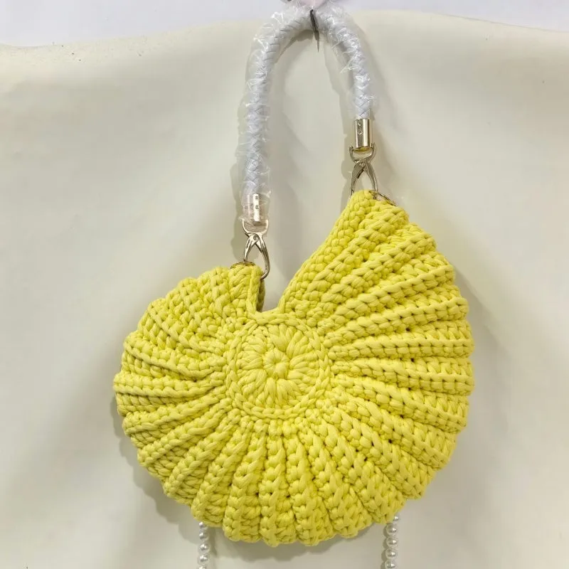 Round handmade woven crossbody bag with pearl chain strap, 25x25cm, polyester, multiple colour options