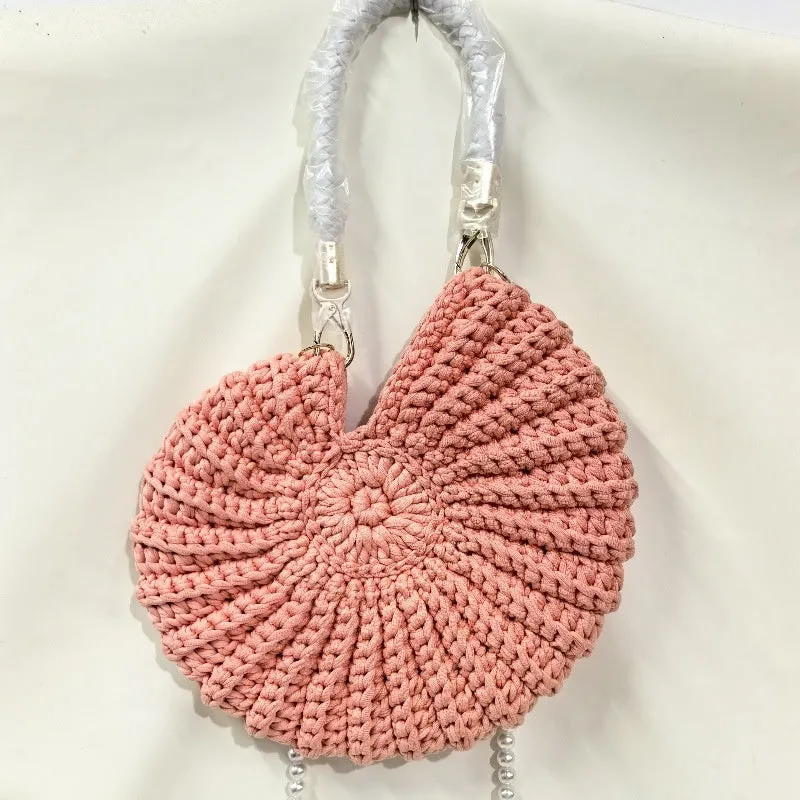 Round handmade woven crossbody bag with pearl chain strap, 25x25cm, polyester, multiple colour options