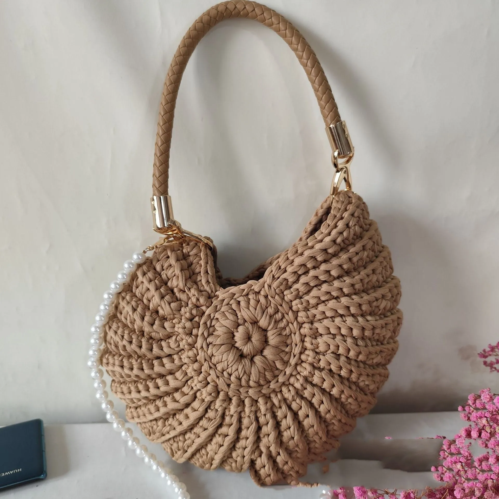 Round handmade woven crossbody bag with pearl chain strap, 25x25cm, polyester, multiple colour options