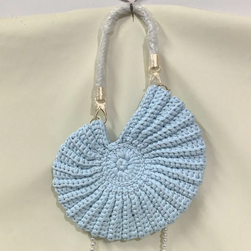 Round handmade woven crossbody bag with pearl chain strap, 25x25cm, polyester, multiple colour options