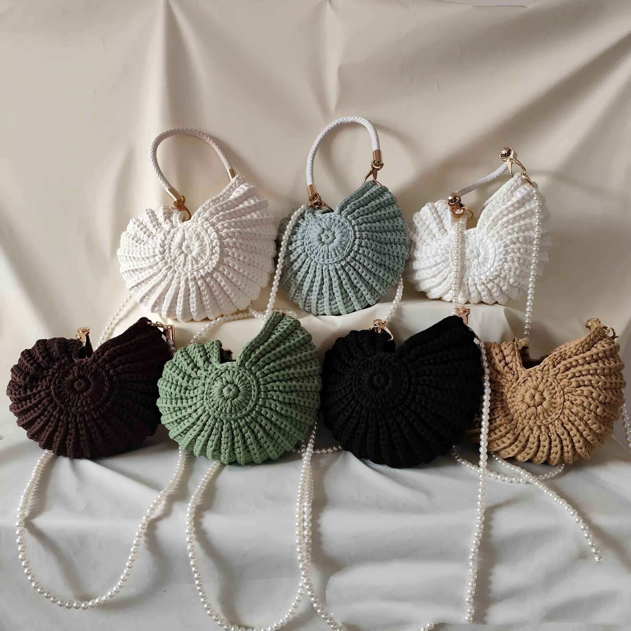 Round handmade woven crossbody bag with pearl chain strap, 25x25cm, polyester, multiple colour options