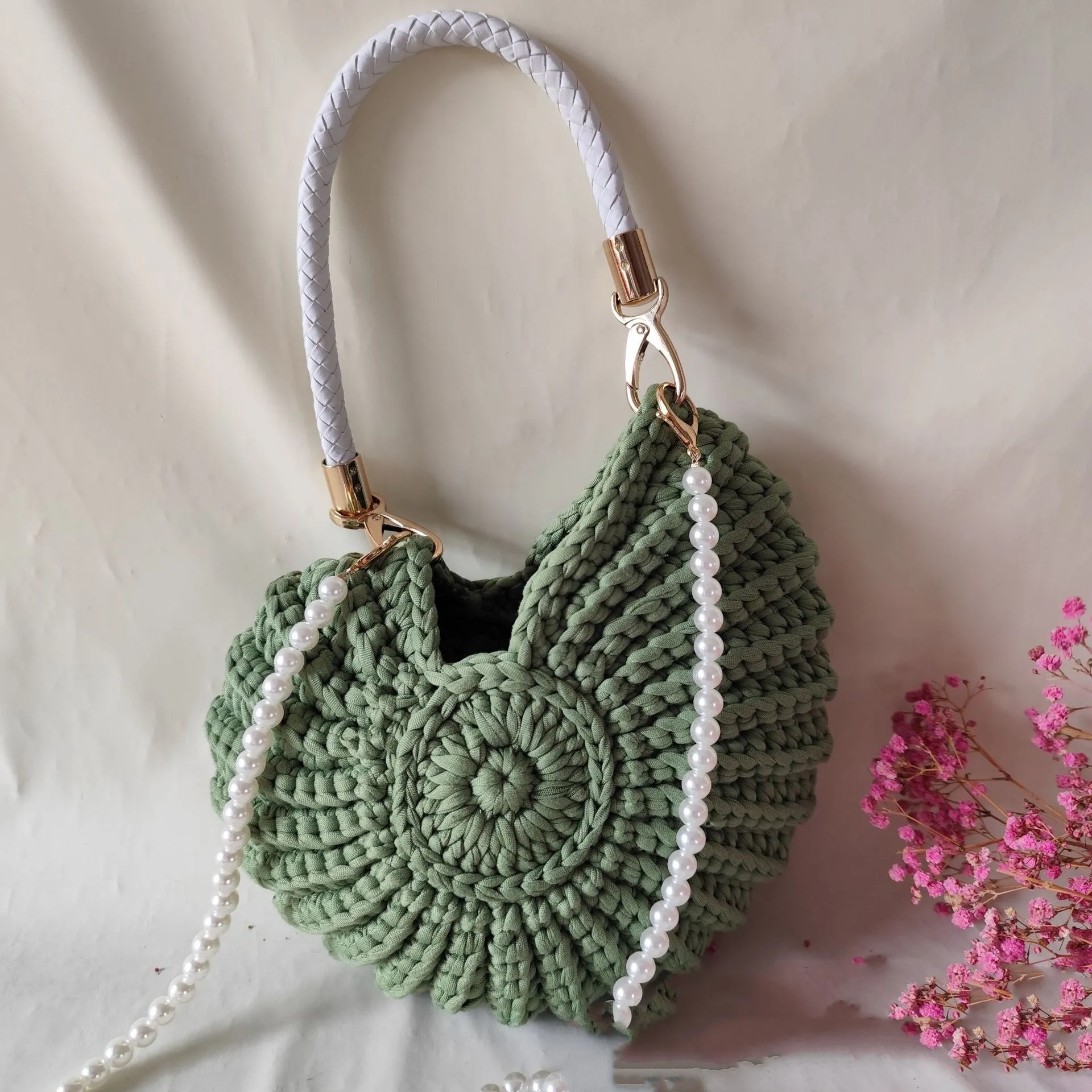 Round handmade woven crossbody bag with pearl chain strap, 25x25cm, polyester, multiple colour options