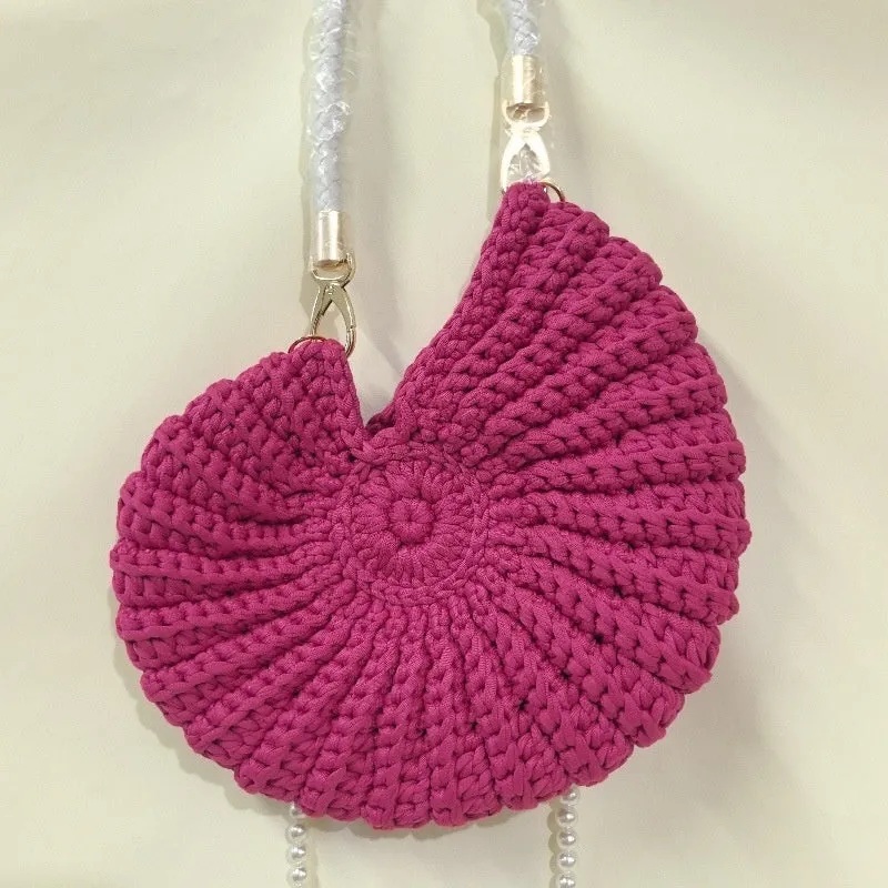 Round handmade woven crossbody bag with pearl chain strap, 25x25cm, polyester, multiple colour options