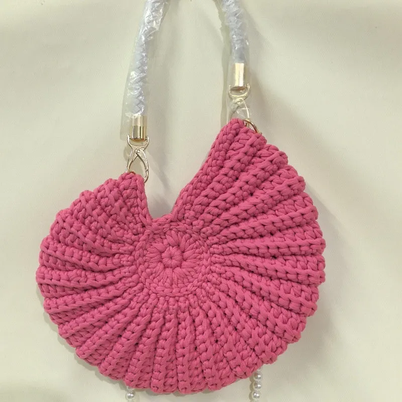 Round handmade woven crossbody bag with pearl chain strap, 25x25cm, polyester, multiple colour options
