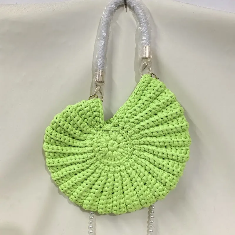 Round handmade woven crossbody bag with pearl chain strap, 25x25cm, polyester, multiple colour options