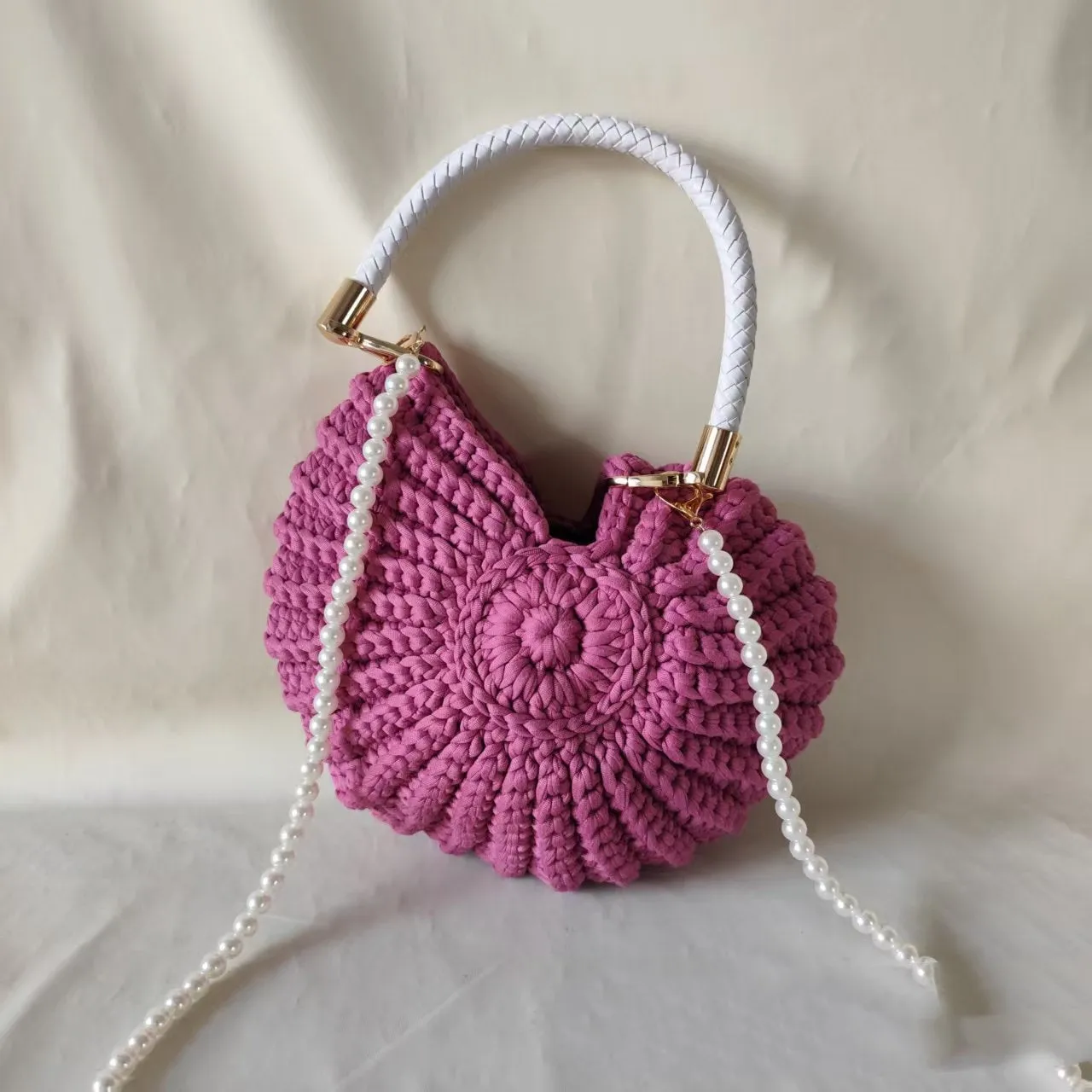 Round handmade woven crossbody bag with pearl chain strap, 25x25cm, polyester, multiple colour options