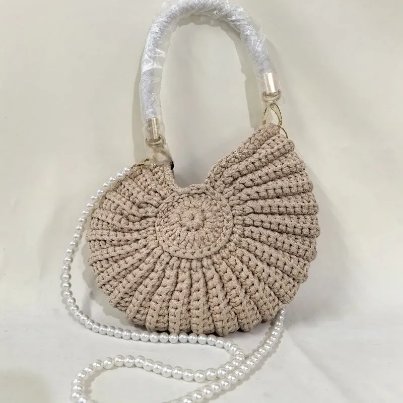 Round handmade woven crossbody bag with pearl chain strap, 25x25cm, polyester, multiple colour options