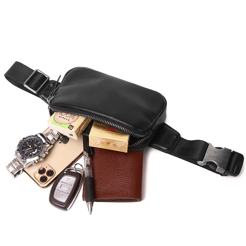 Small black cowhide leather crossbody bag for men with nylon lining.