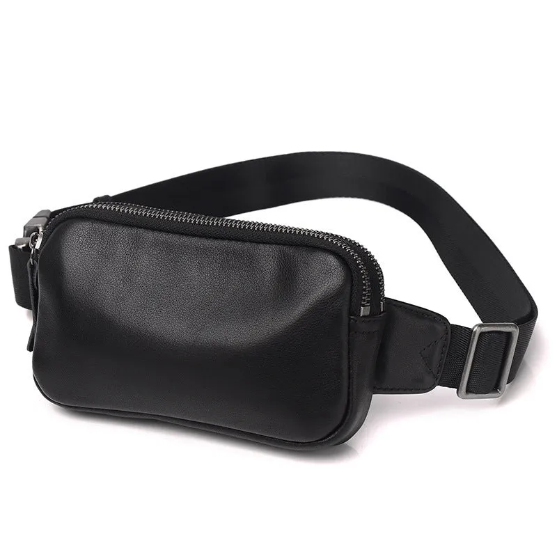 Small black cowhide leather crossbody bag for men with nylon lining.