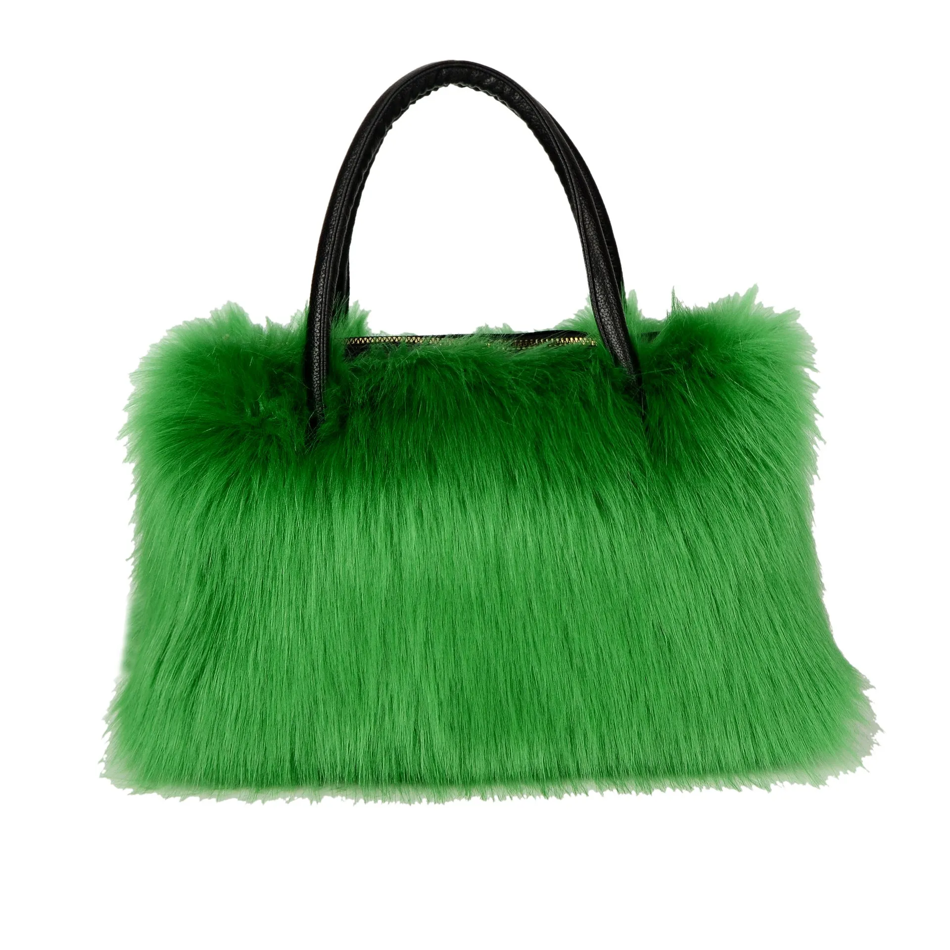 Hand-carrying square plush bag in pink with soft faux fur exterior and horizontal shape