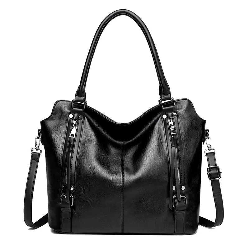 Women's large capacity PU shoulder messenger bag in black with square vertical shape and single strap