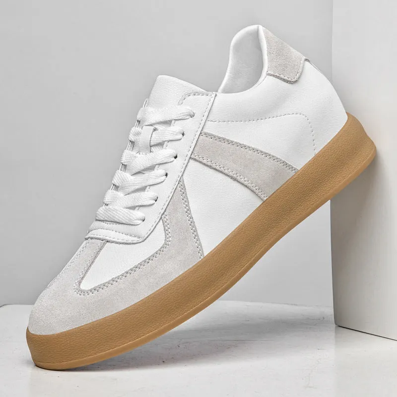 Men's retro colour-matching casual sneakers, two-layer cowhide leather upper, black colourway