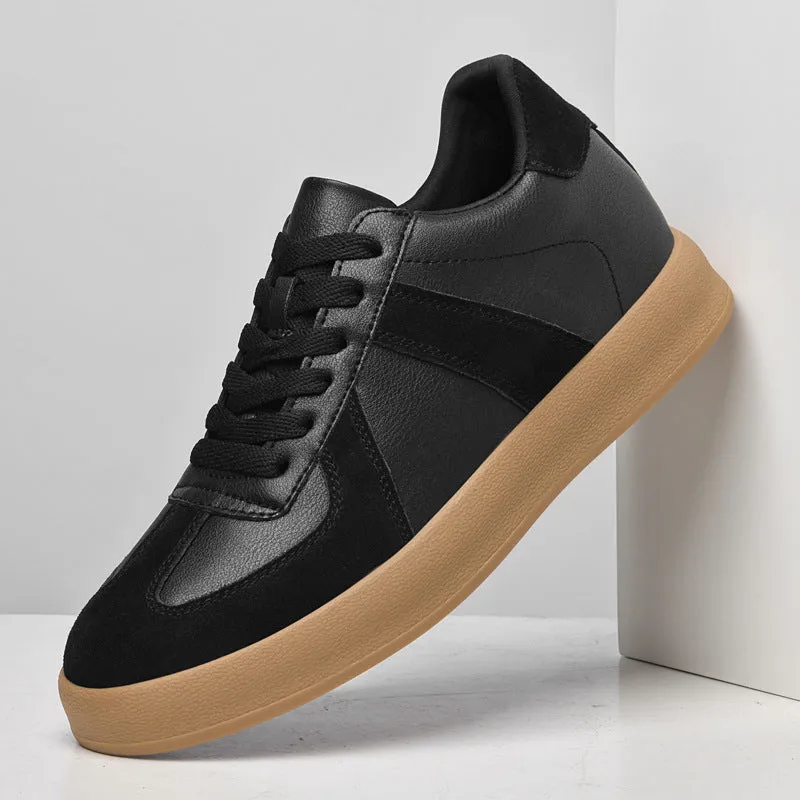 Men's retro colour-matching casual sneakers, two-layer cowhide leather upper, black colourway