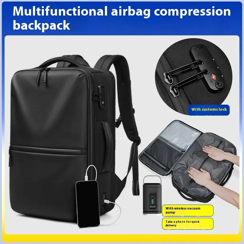 Black Oxford cloth vacuum compression backpack with air pump for business travel