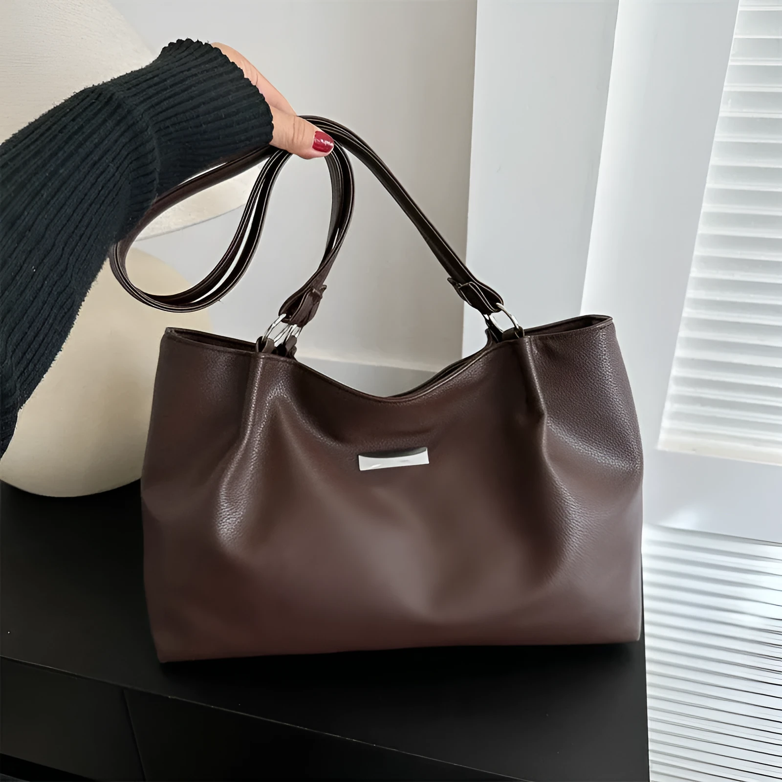 Women's large capacity PU tote shoulder bag in horizontal square shape with double straps, available in four colours