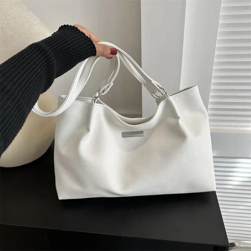 Women's large capacity PU tote shoulder bag in horizontal square shape with double straps, available in four colours