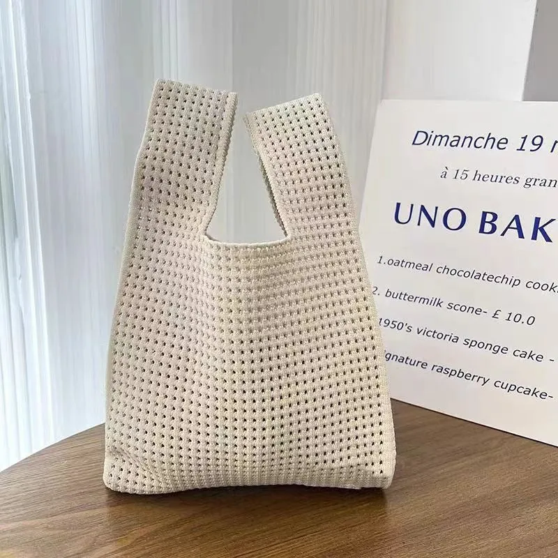 Simple Retro Hollow Knitted Handbag in beige, soft polyester handbag for women