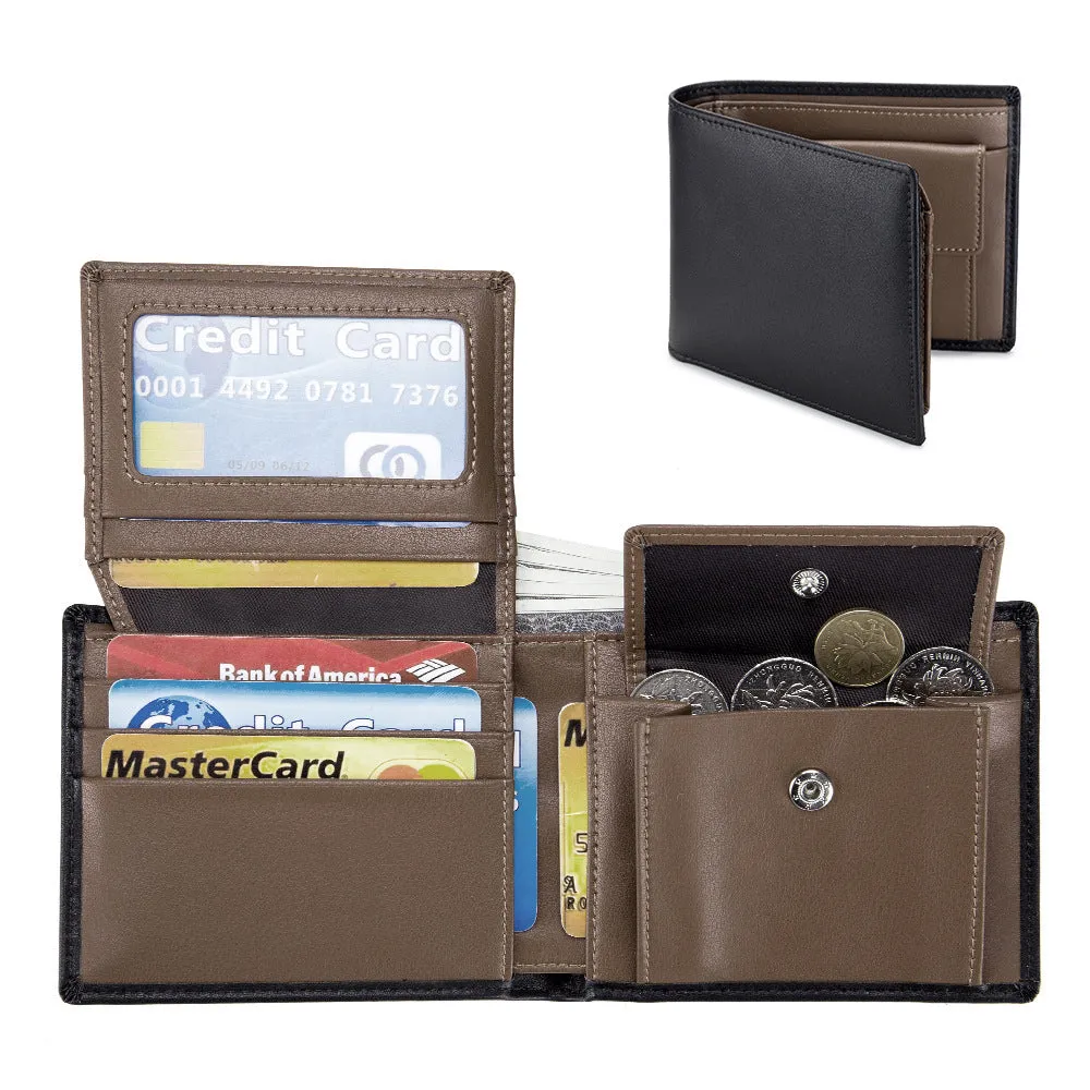 Soft cowhide trifold wallet for men in black with European and American retro print genuine leather
