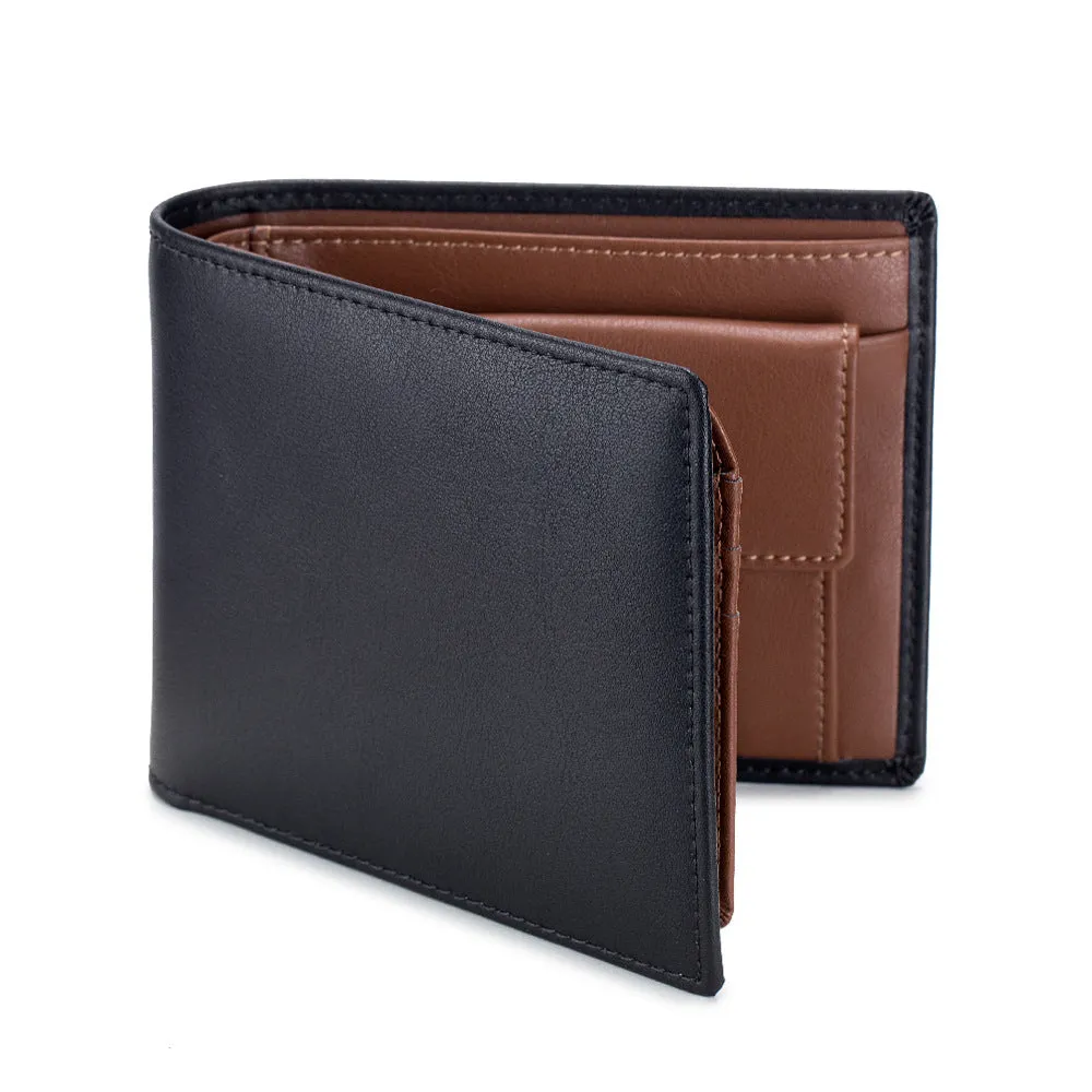 Soft cowhide trifold wallet for men in black with European and American retro print genuine leather