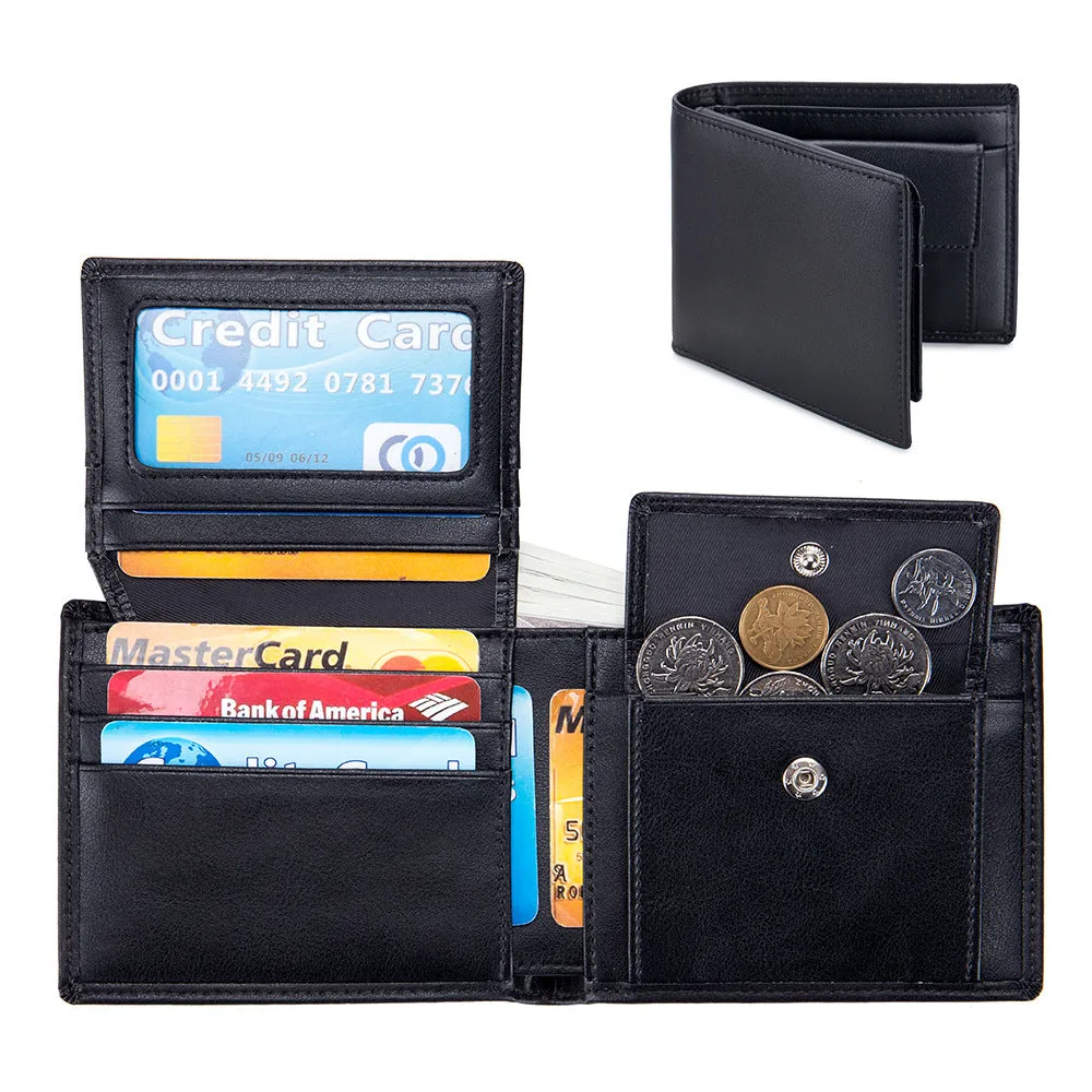 Soft cowhide trifold wallet for men in black with European and American retro print genuine leather