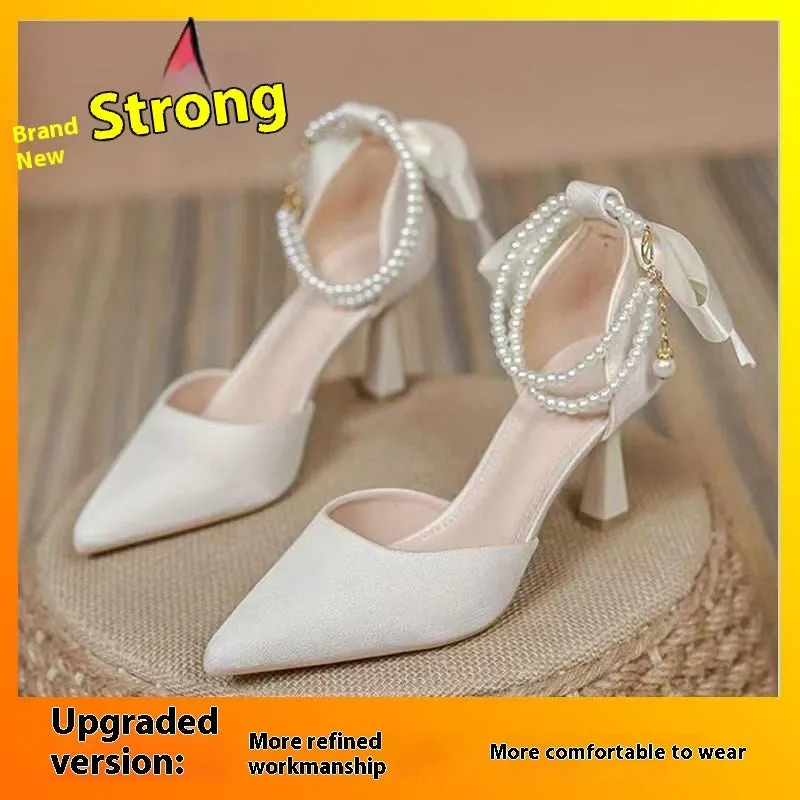 Women's fairy bow high heels in apricot with 6cm wine glass heel, side view