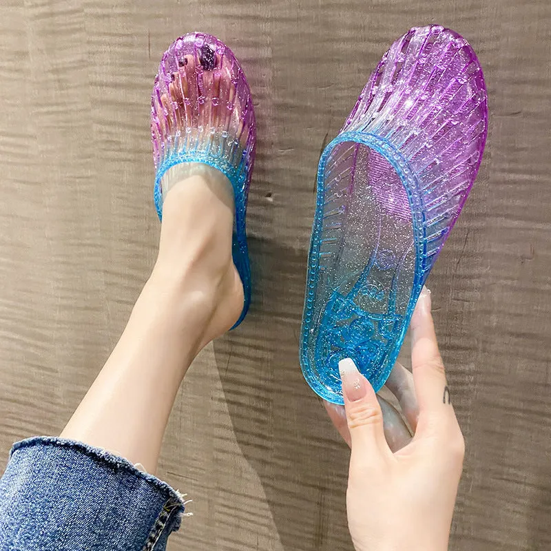 Fashion crystal women's toe-covered non-slip sandals in gradient colour with plastic upper and PVC sole