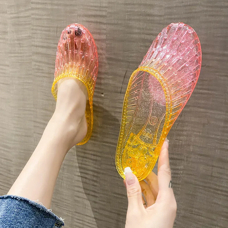 Fashion crystal women's toe-covered non-slip sandals in gradient colour with plastic upper and PVC sole