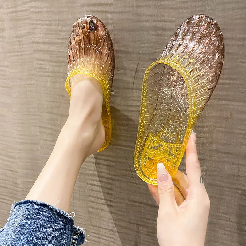 Fashion crystal women's toe-covered non-slip sandals in gradient colour with plastic upper and PVC sole