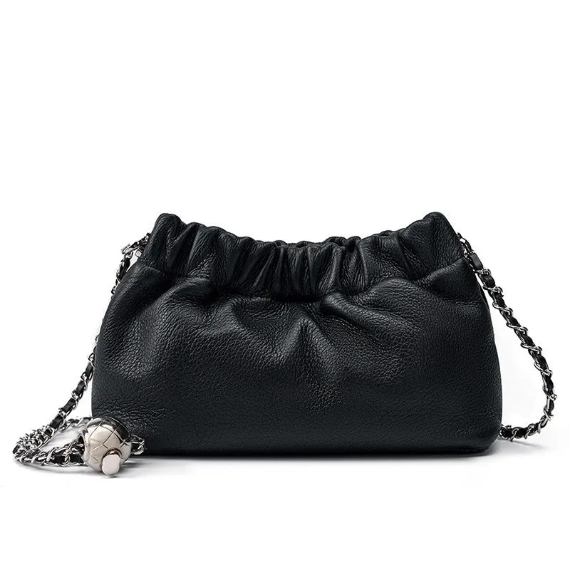 Women's soft genuine leather dumpling-shaped crossbody bag in grey with a chain shoulder strap.