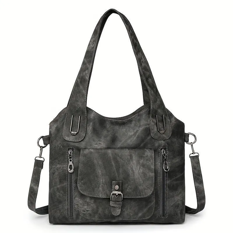 Soft synthetic leather handbag with metal accent in vintage style, colour example shown