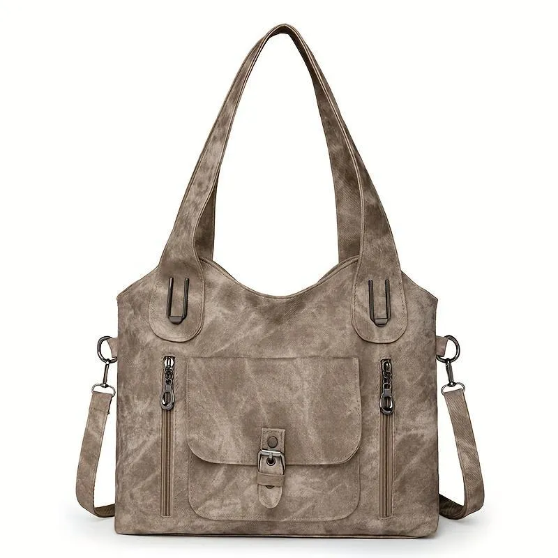Soft synthetic leather handbag with metal accent in vintage style, colour example shown
