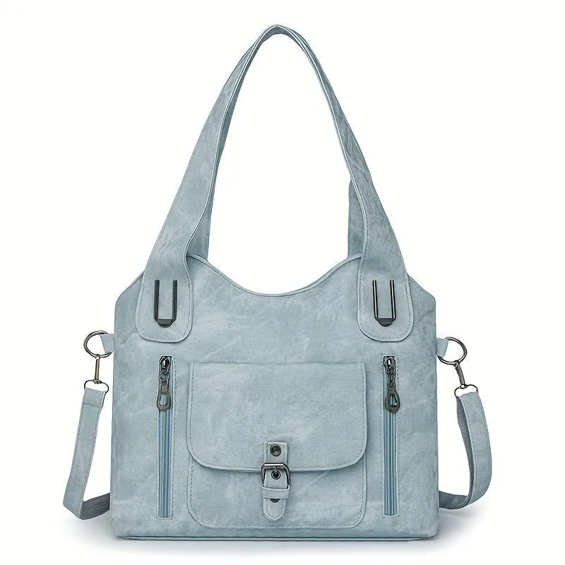 Soft synthetic leather handbag with metal accent in vintage style, colour example shown