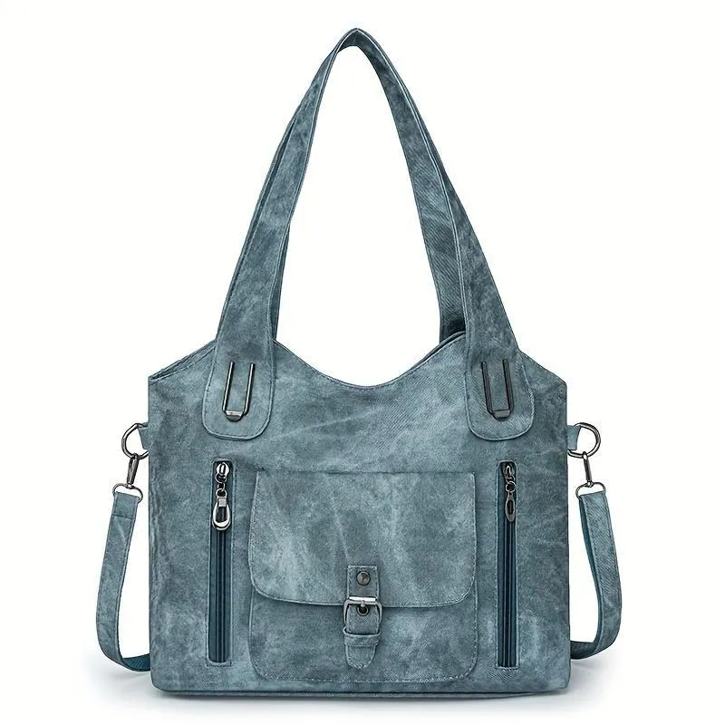 Soft synthetic leather handbag with metal accent in vintage style, colour example shown