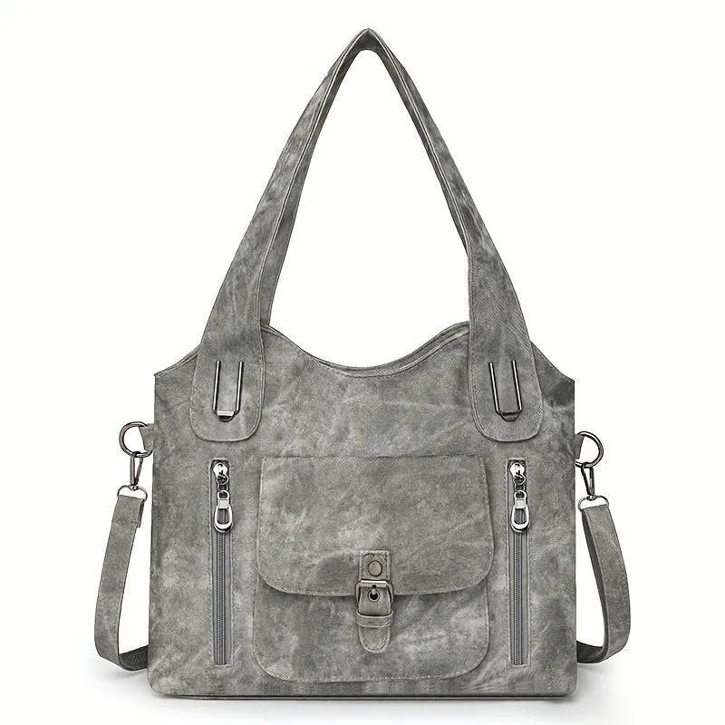 Soft synthetic leather handbag with metal accent in vintage style, colour example shown