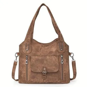 Soft synthetic leather handbag with metal accent in vintage style, colour example shown